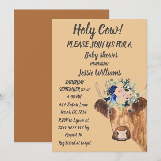 Cute Cow Farm Country Baby Boy Western Floral Invitation (Front/Back)