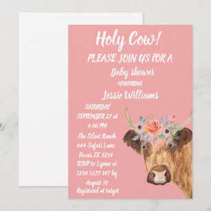 Cute Cow Farm Country Baby Girl Western Floral Invitation