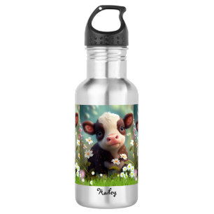 Cute Cow Floral Garden Personalized Name Kids 532 Ml Water Bottle
