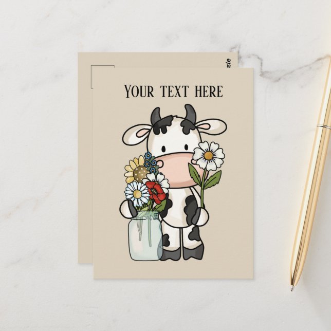 Cute cow flowers add message  postcard (Front/Back In Situ)
