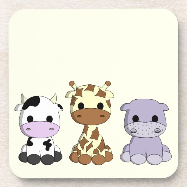 Cute cow giraffe hippo cartoon girl yellow coaster (Front)