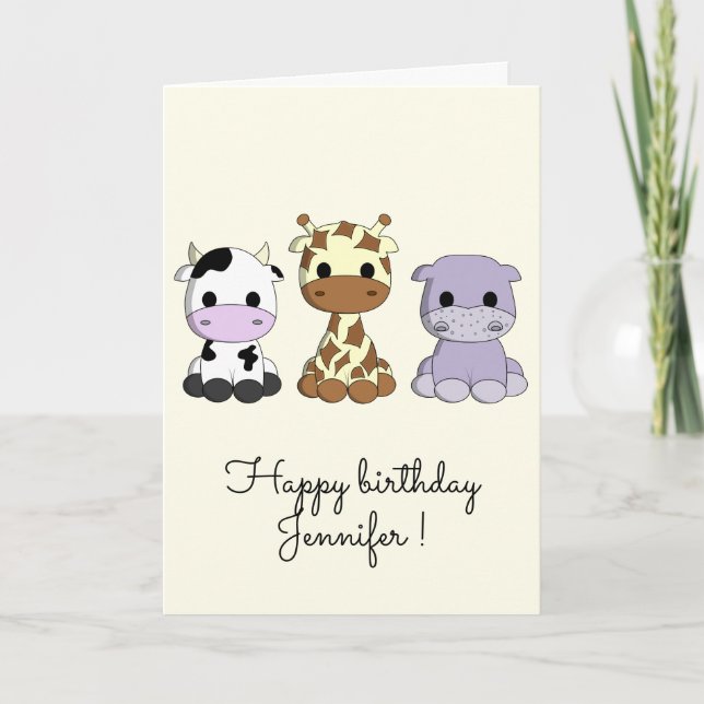 Cute cow giraffe hippo cartoon kids birthday card (Front)