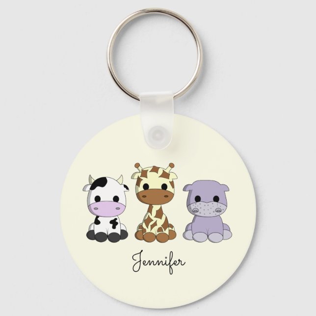 Cute cow giraffe hippo cartoon name keychain (Front)
