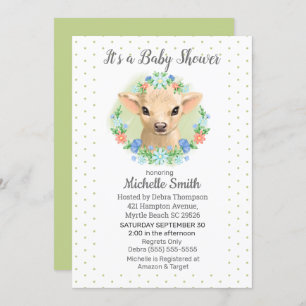 Cute Cow Green Neutral Floral Baby Shower Invitation