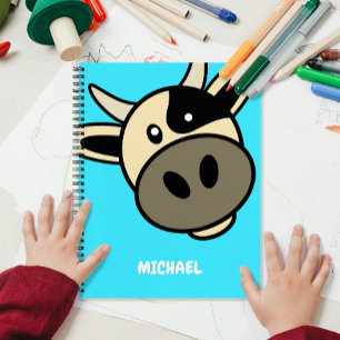 Cute Cow Head Simple Cartoon Name Monogram Blue Notebook