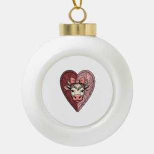 Cute Cow Heart Yarn Vintage Engraving Design_1 Ceramic Ball Christmas Ornament