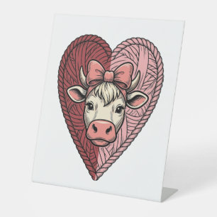 Cute Cow Heart Yarn Vintage Engraving Design_1 Pedestal Sign