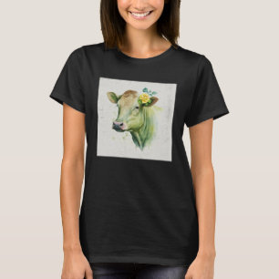 Cute Cow Illustration Flowers Laefy Green Women Me T-Shirt