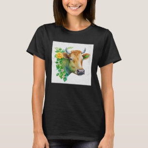 Cute Cow Illustration Flowers Laefy Green Women Me T-Shirt