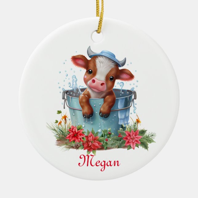 Cute Cow in a Bucket Christmas Personalised Name Ceramic Tree Decoration (Front)