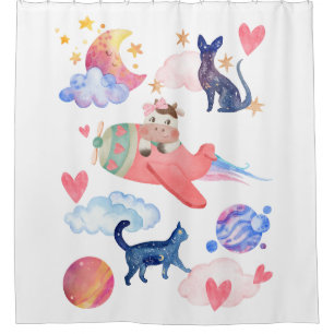 Cute Cow in Aeroplane,Space, Cats, Moon,Stars Shower Curtain