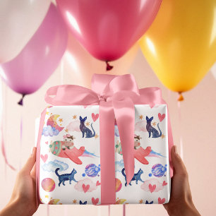 Cute Cow in Aeroplane,Space, Cats, Moon, Whimsical Wrapping Paper