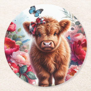 Cute Cow in Field of Peonies Round Paper Coaster