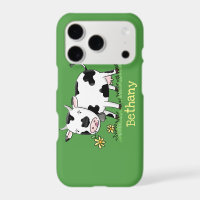 Cute cow in green field cartoon illustration