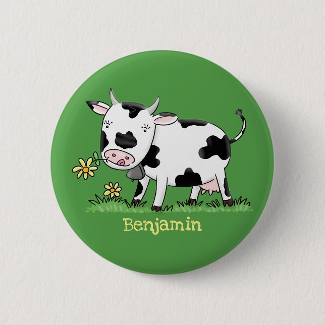 Cute cow in green field cartoon illustration 6 cm round badge (Front)