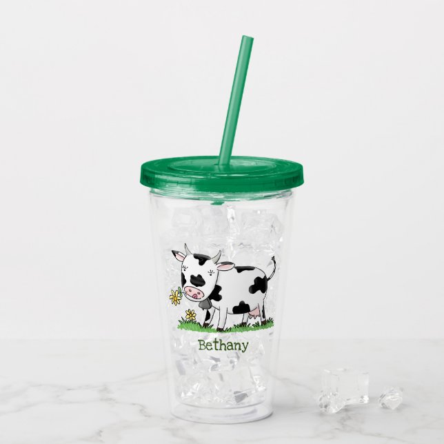 Cute cow in green field cartoon illustration acrylic tumbler (Back Ice)