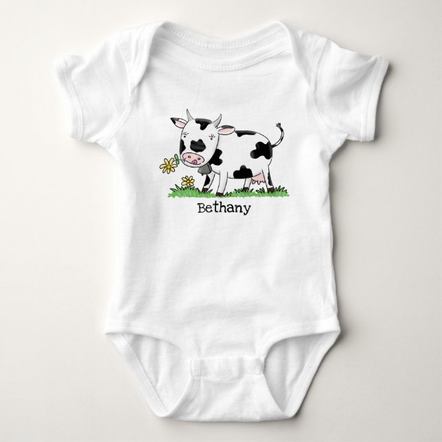 Cute cow in green field cartoon illustration baby bodysuit (Front)