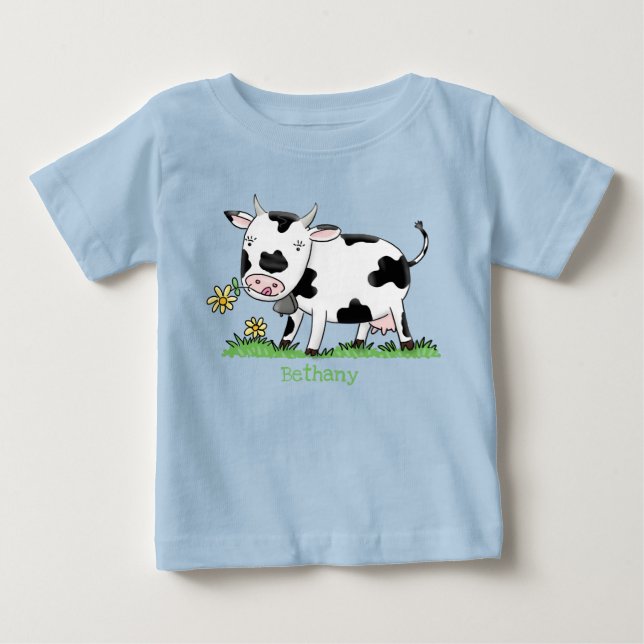 Cute cow in green field cartoon illustration baby T-Shirt (Front)