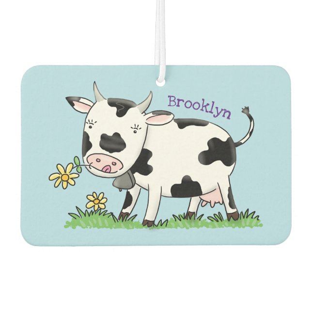 Cute cow in green field cartoon illustration car air freshener (Front)