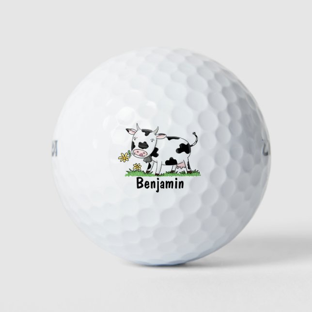 Cute cow in green field cartoon illustration golf balls (Front)