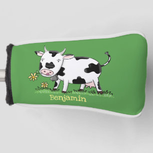 Cute cow in green field cartoon illustration golf head cover