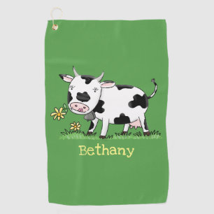 Cute cow in green field cartoon illustration golf towel