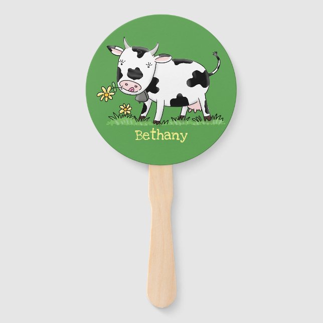 Cute cow in green field cartoon illustration hand fan (Front)