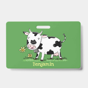 Cute cow in green field cartoon illustration ID badge