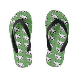 Cute cow in green field cartoon illustration kid's jandals