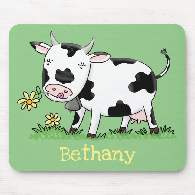 Cute cow in green field cartoon illustration mouse pad (Front)