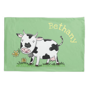 Cute cow in green field cartoon illustration pillowcase