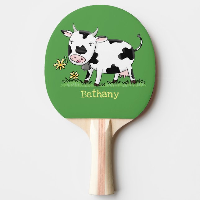 Cute cow in green field cartoon illustration ping pong paddle (Front)