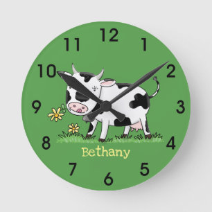 Cute cow in green field cartoon illustration round clock