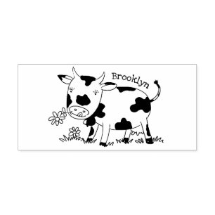Cute cow in green field cartoon illustration rubber stamp
