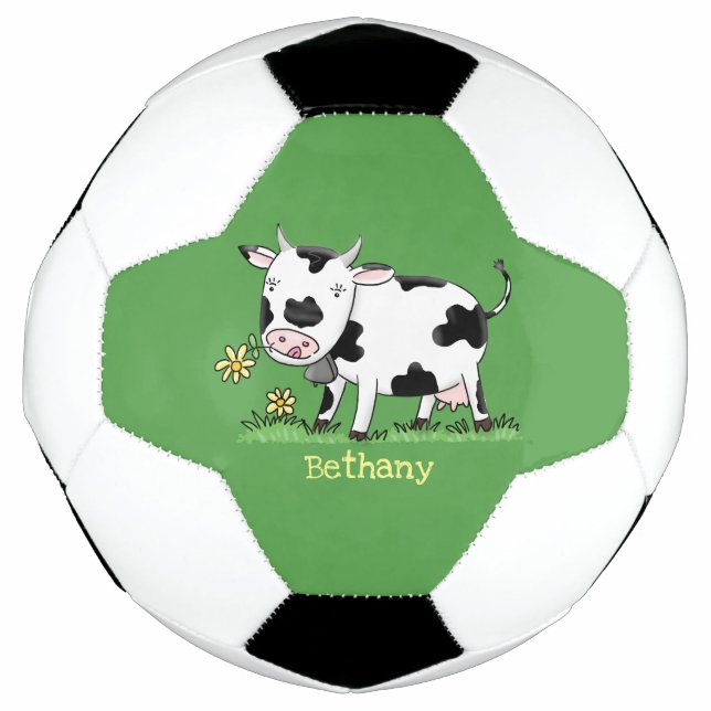 Cute cow in green field cartoon illustration soccer ball (Front)