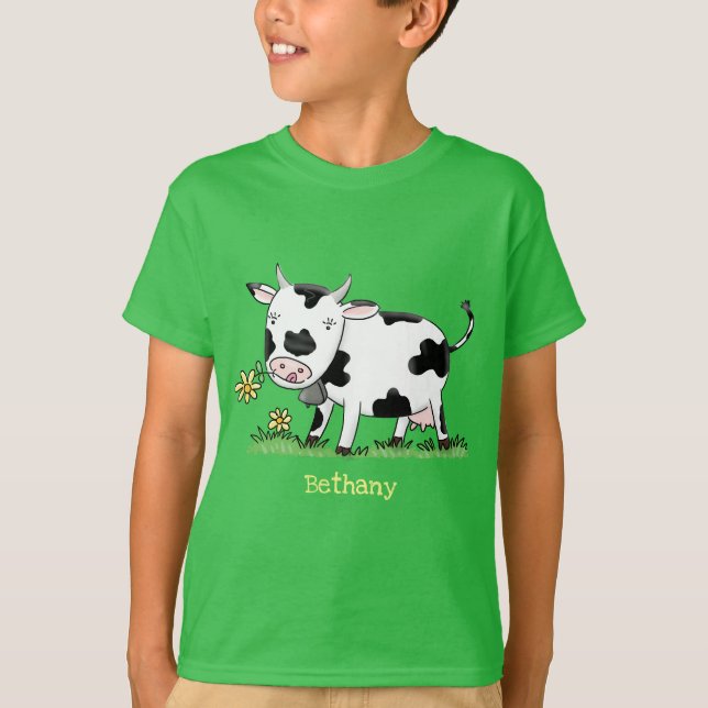 Cute cow in green field cartoon illustration T-Shirt (Front)