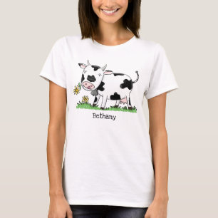 Cute cow in green field cartoon illustration T-Shirt