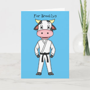 Cute cow in kung fu suit cartoon card