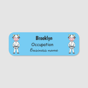 Cute cow in kung fu suit cartoon name tag