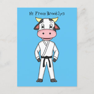 Cute cow in kung fu suit cartoon postcard