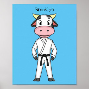 Cute cow in kung fu suit cartoon  poster