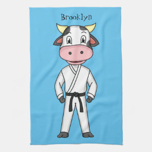 Cute cow in kung fu suit cartoon tea towel