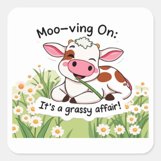 Cute Cow in Pink Eating Grass  Square Sticker (Front)