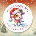 Cute Cow in Santa Hat Personalised Christmas Classic Round Sticker<br><div class="desc">Cute ai illustration of a cute cow in a Santa's hat stickers. Add your holiday greeting and family name in the personalise area.</div>
