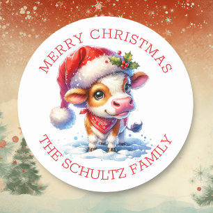 Cute Cow in Santa Hat Personalised Christmas Classic Round Sticker