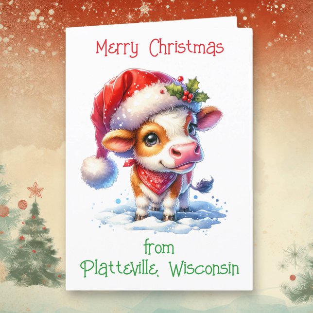 Cute Cow in Santa Hat Personalised Christmas Holiday Card (Creator Uploaded)