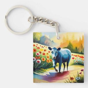 Cute cow in the floral field key ring