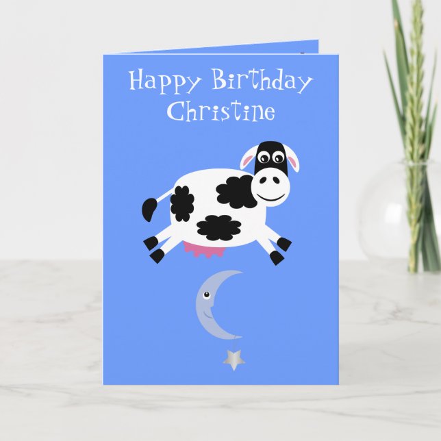 Cute Cow Jumping Over The Moon Greeting Card (Front)