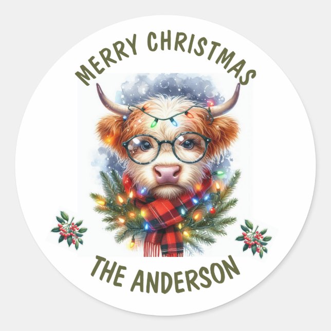 Cute Cow Merry christmas Classic Round Sticker (Front)