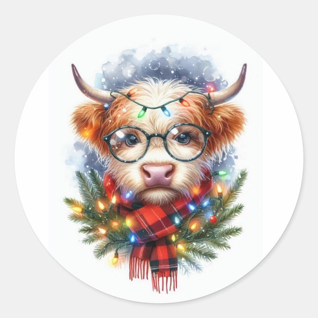 Cute Cow Merry christmas Classic Round Sticker (Front)